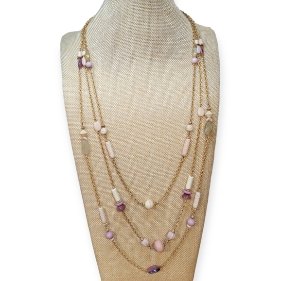 Long layered three stand necklace pink and cream beads on gold tone chains - Picture 13 of 13